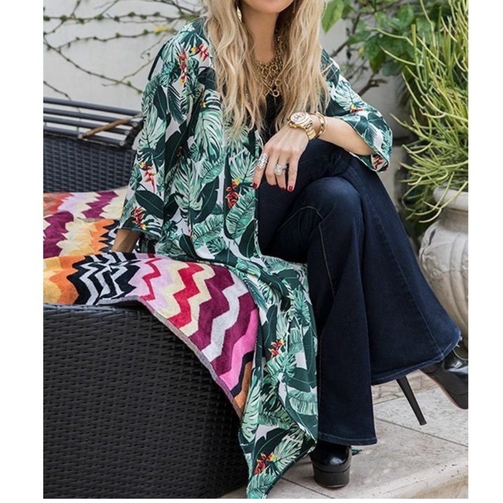 Rachel Zoe Tropical Palm Leaf Duster Kimono Green White Tassel Wrap OS ee